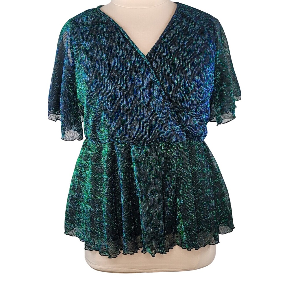 Emery Rose Shimmery Green-Blue Wrap Peplum Blouse